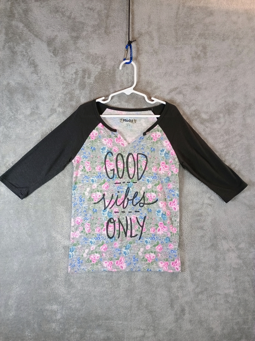 Mudd Floral 'Good Vibes Only' Raglan Top - Black Sleeves, Gray Floral Body